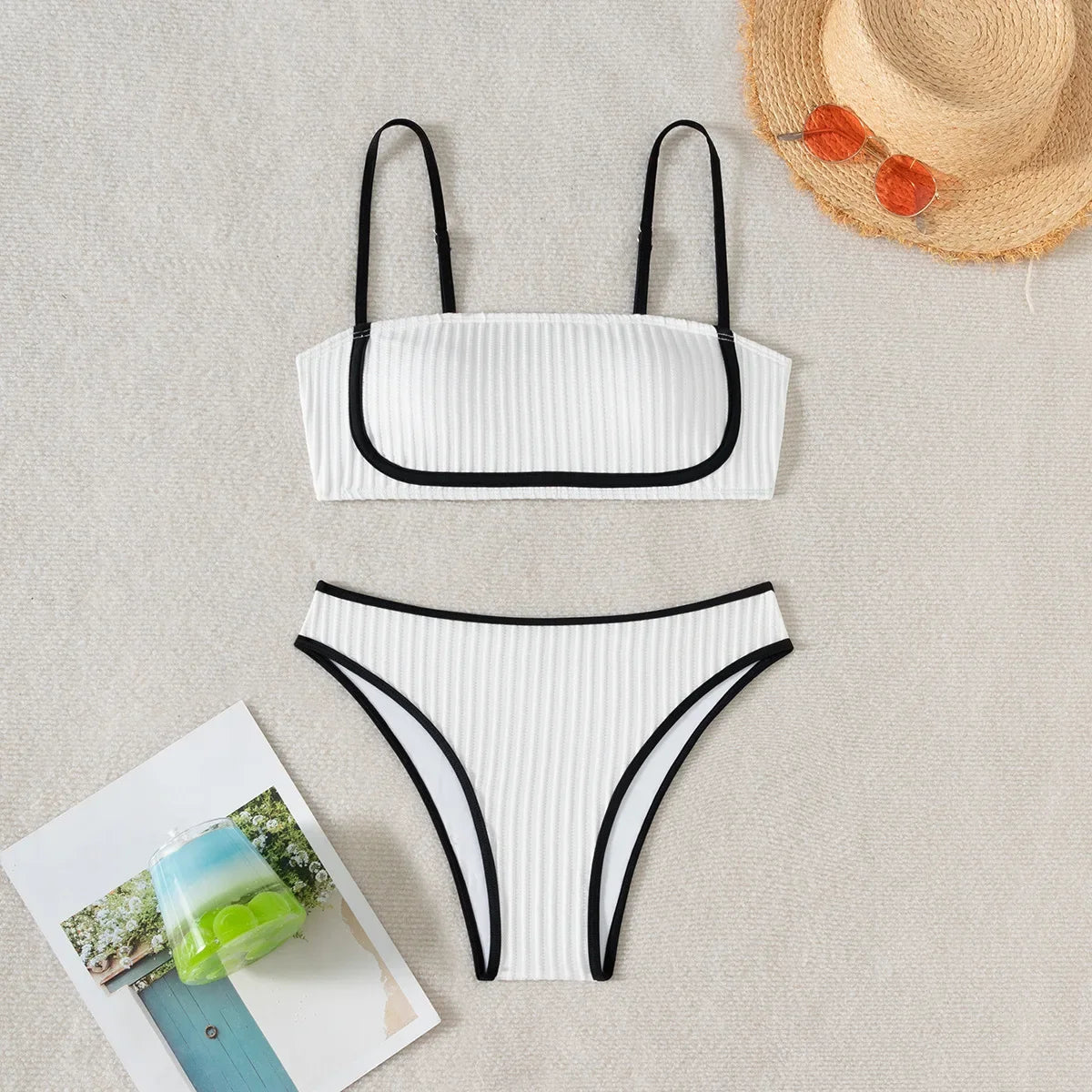 2025 Rib Piping Bandeau High-Rise Bottoms Bikini Set Trendy Beachwear Straight Neckline High Rise Swimwear Swimsuit Bathing Suit - -