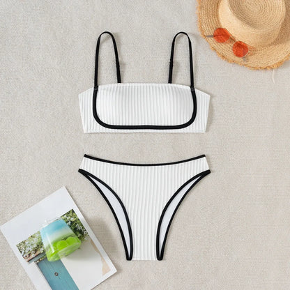 2025 Rib Piping Bandeau High-Rise Bottoms Bikini Set Trendy Beachwear Straight Neckline High Rise Swimwear Swimsuit Bathing Suit - -