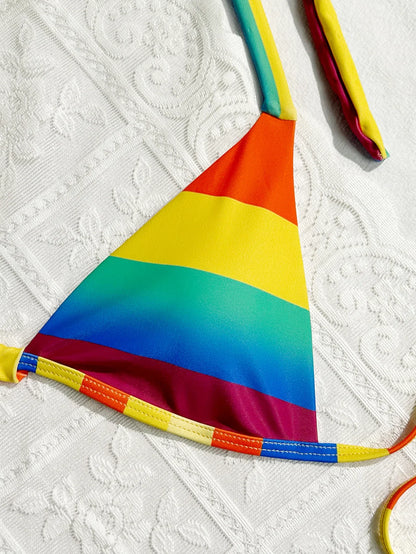 Women's Rainbow Color Bikini Set Sexy Beach Vacation Backless 2 Piece Swimsuit 2024 Summer Bathing Suit Bra Push Up Swimwear - -