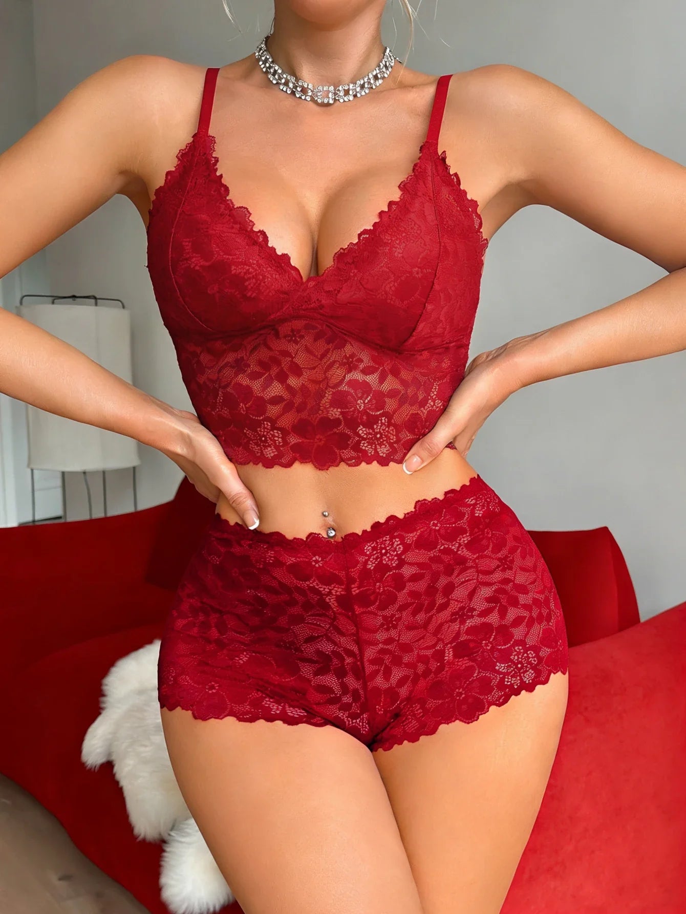 Floral Lace Women's Underwear Set Hollow-Out Wireless Sexy Bras Unlined Bra Breathable Hot Lingerie Sheer Women's Panties - Red One Size -