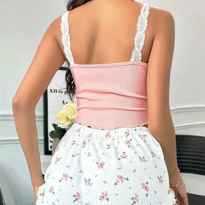 2Pcs Women Pajama Set Pink Lace Patchwork V-Neck Sleepwear Sexy Nighties Suit Cami Top Printed Shorts Soft Pyjamas Loungewear - -