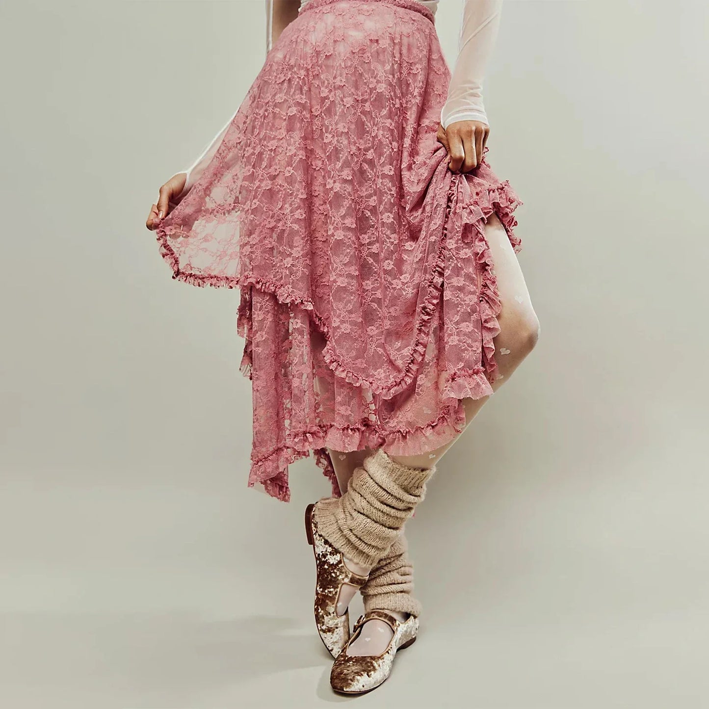 Vintage Lace Flower Women Midi Skirts Elastic High Waist Skirts Spring Summer Chic Irregular Hem Casual Female Skirts - Pink -