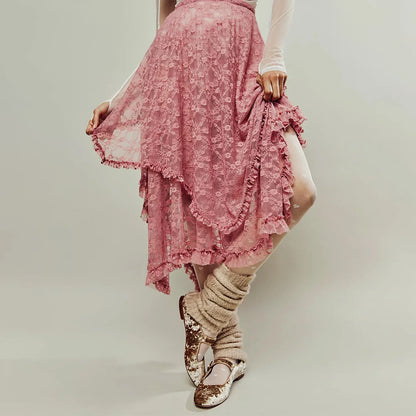Vintage Lace Flower Women Midi Skirts Elastic High Waist Skirts Spring Summer Chic Irregular Hem Casual Female Skirts - Pink -