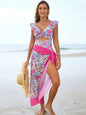 Vintage Blue Floral Print One Piece Swimsuit Skirt Sets Women Front Bow Ruffles Hollow Tummy Control Bathing Suit Swimwear 2026 - Hot Pink sets -