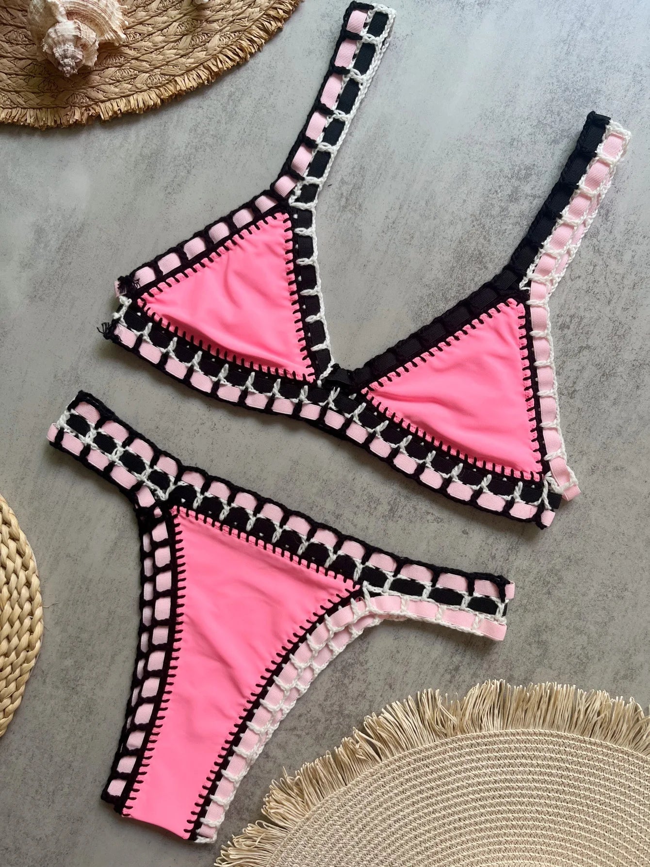 Sexy Black Patchwork Hand Crochet Bikini Set Women 2026 V Neck Push Up Bra Thong Swimsuit Beach Bathing Suit Knitted Swimwear - -