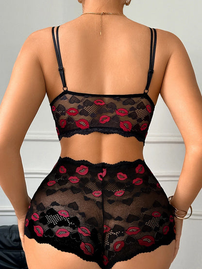 Valentine's Day Lip Print Lace sexy lingerie set with Crisscross Front ultra-thin wireless sexy bras panties - -