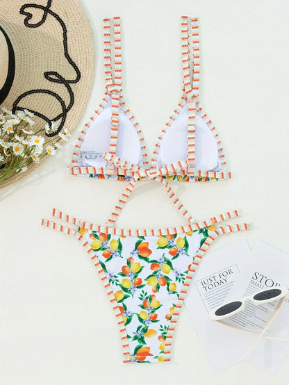 2026 Sexy Orange Print Micro Bikini Women Double Strap Push Up Bra Hollow Out Thong Swimsuit Beach Bathing Suit Holiday Swimwear - -