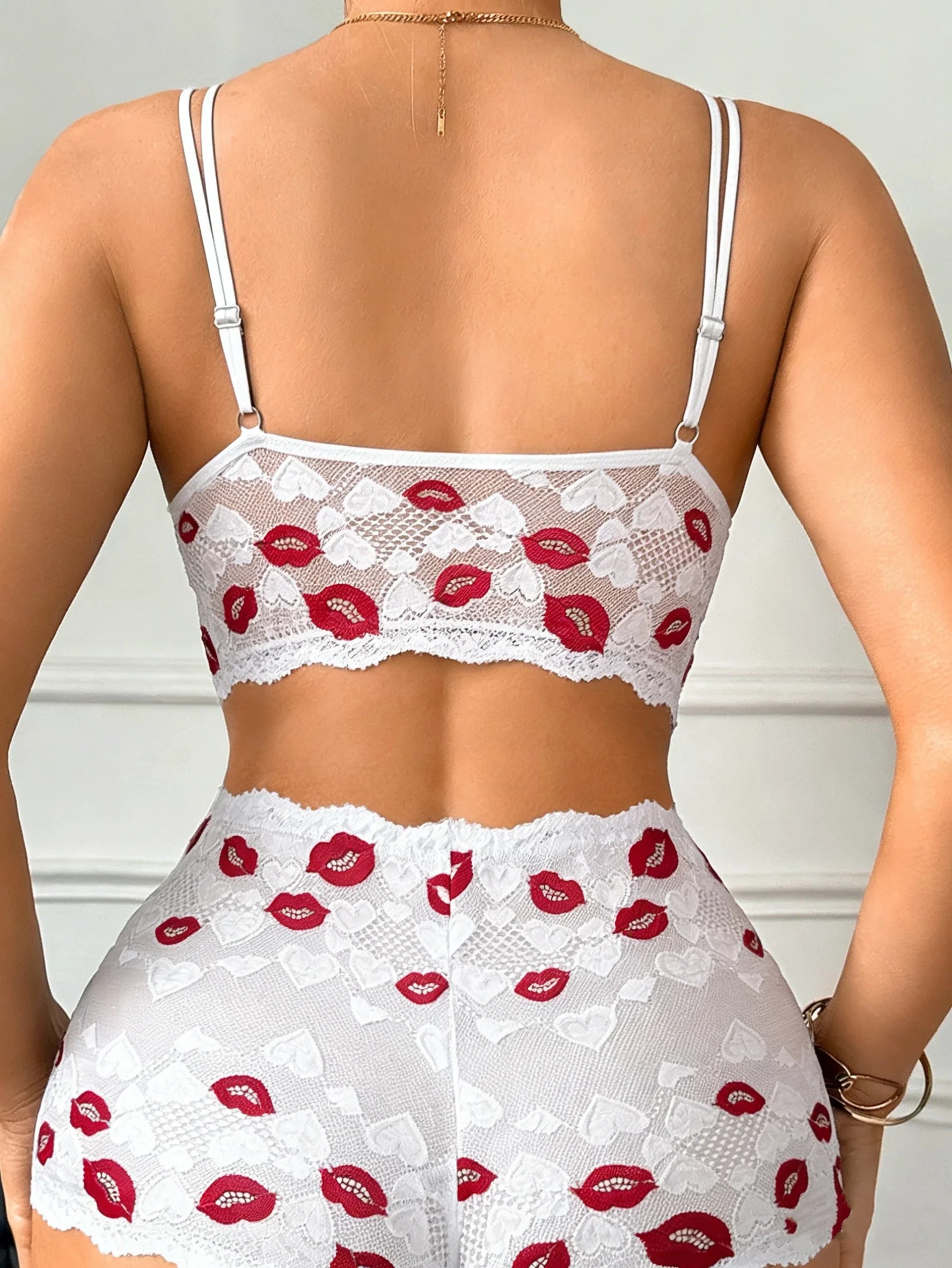 Valentine's Day Lip Print Lace sexy lingerie set with Crisscross Front ultra-thin wireless sexy bras panties - -