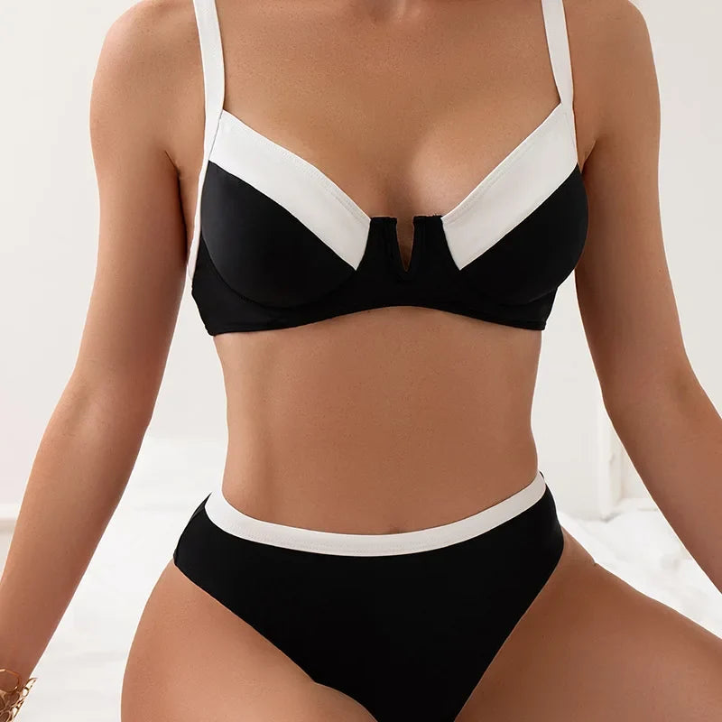 Sexy Black White Patchwork Bikini 2024 Women Halter V Underwire Push Up Micro Swimsuit Beach Bathing Suit High Waist Swimwear - -