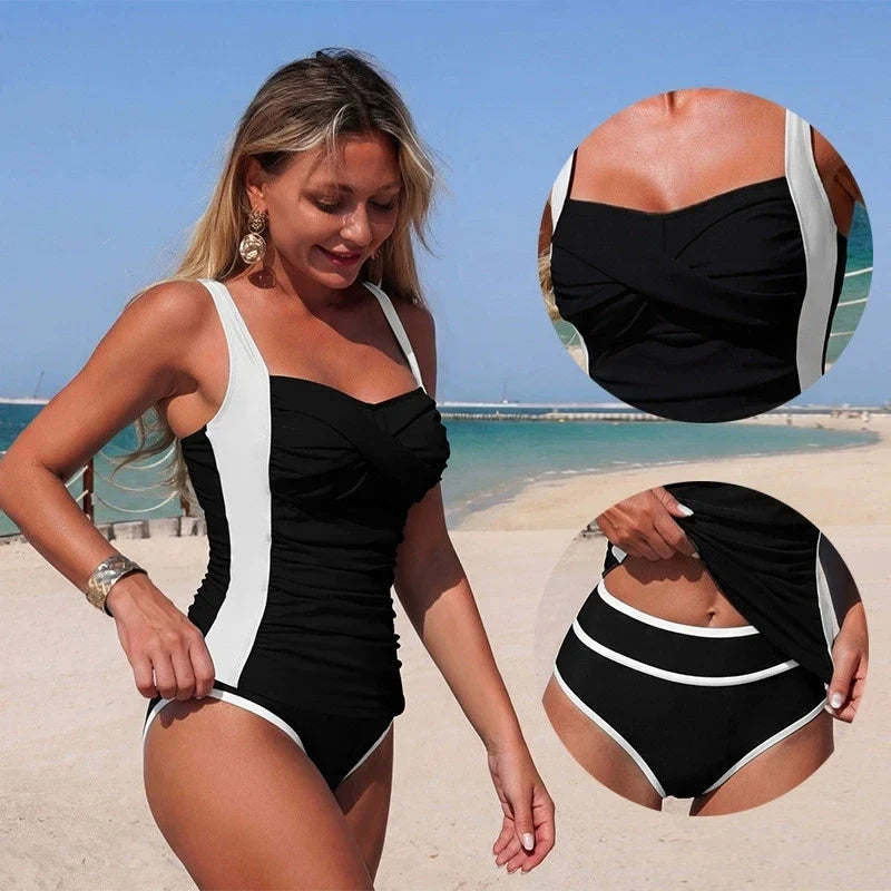 Vintage Black White Patchwork Bikini Set 2026 Women Pleate Slim Cross Tank Top High Waist Swimsuit Beach Bathing Suit Swimwear - -