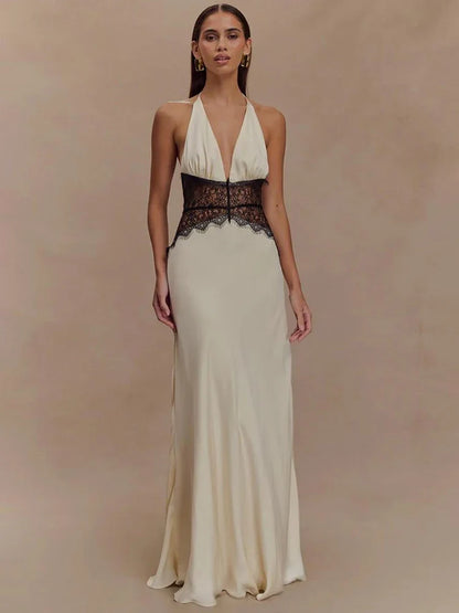 Mozision Backless Maxi Dress Lace Deep V Neck Sleeveless High Waist - WHITE - dress