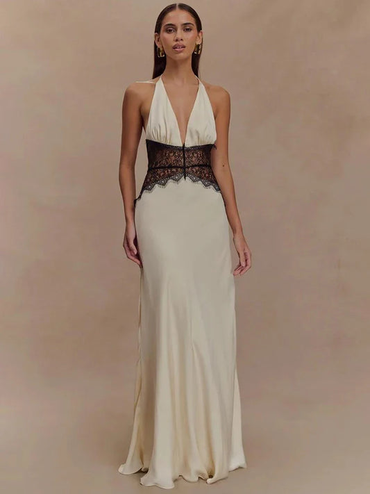 Mozision Summer Backless Sexy Maxi Dress Women Gown Patchwork Lace Halter Deep V Neck Sleeveless High Waist Elegant Long Dress - WHITE -