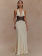 Mozision Backless Maxi Dress Lace Deep V Neck Sleeveless High Waist - WHITE - dress
