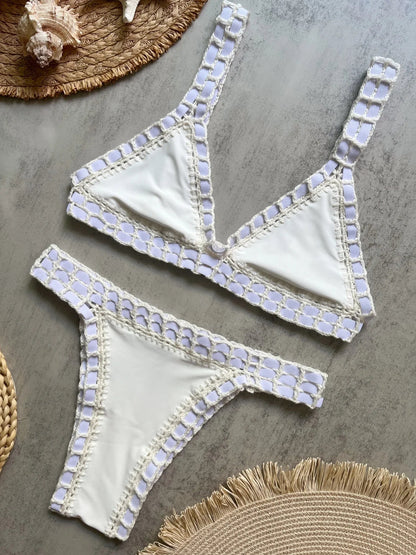 Sexy Black Patchwork Hand Crochet Bikini Set Women 2026 V Neck Push Up Bra Thong Swimsuit Beach Bathing Suit Knitted Swimwear - White 1 -