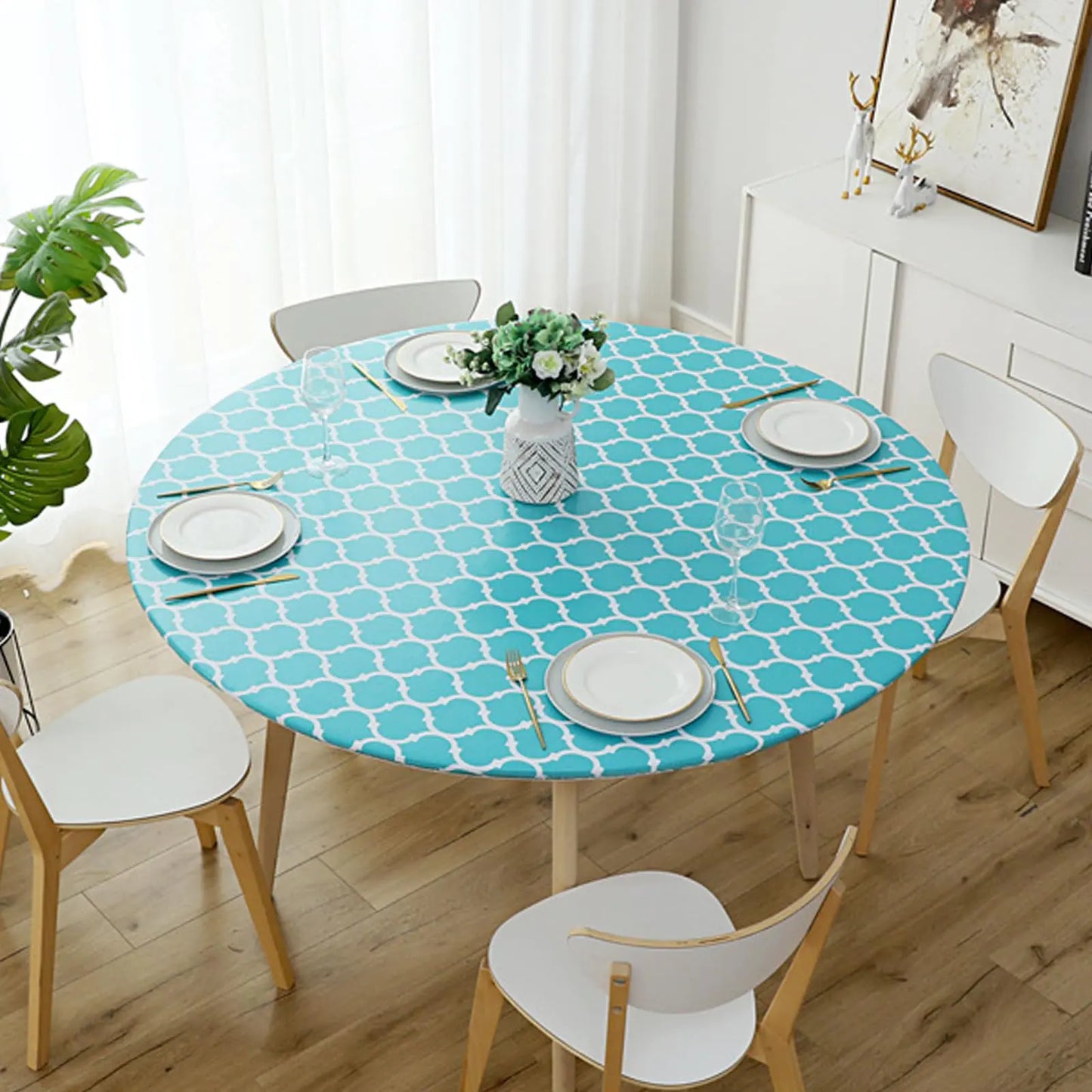 Jeloris Turquoise Round Fitted Vinyl Tablecloth with Elastic Edge Waterproof Moroccan Design - - table cloth