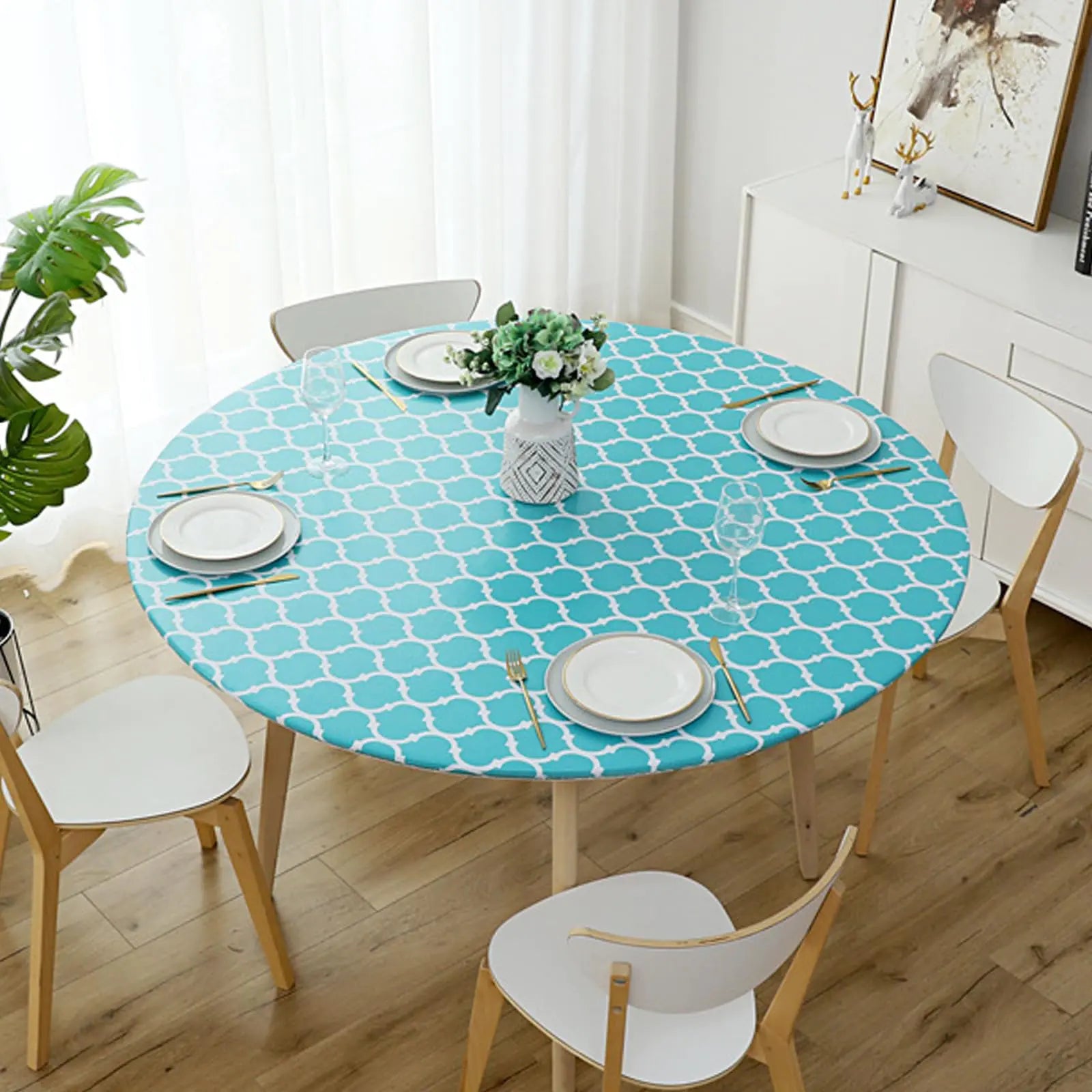 Jeloris Turquoise Round Fitted Vinyl Tablecloth with Elastic Edge Waterproof Moroccan Design - - table cloth