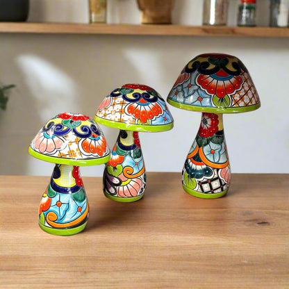 Talavera Mushroom Statue Set Hand-Painted Mexican Garden Decor - - Talavera Statue