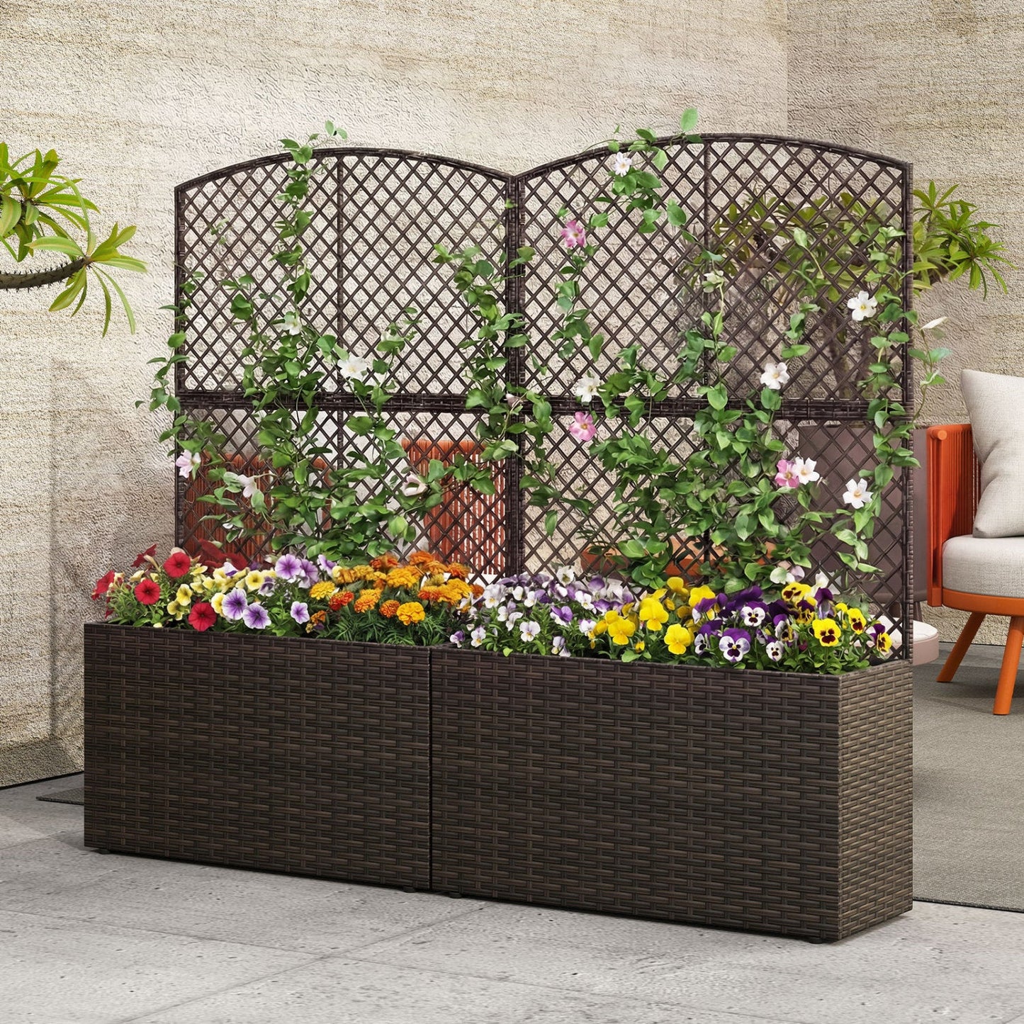 Set of 2 49 Inch Raised Garden Bed with Trellis and Wicker Planter Box- DirectDeals- {{Product type}}