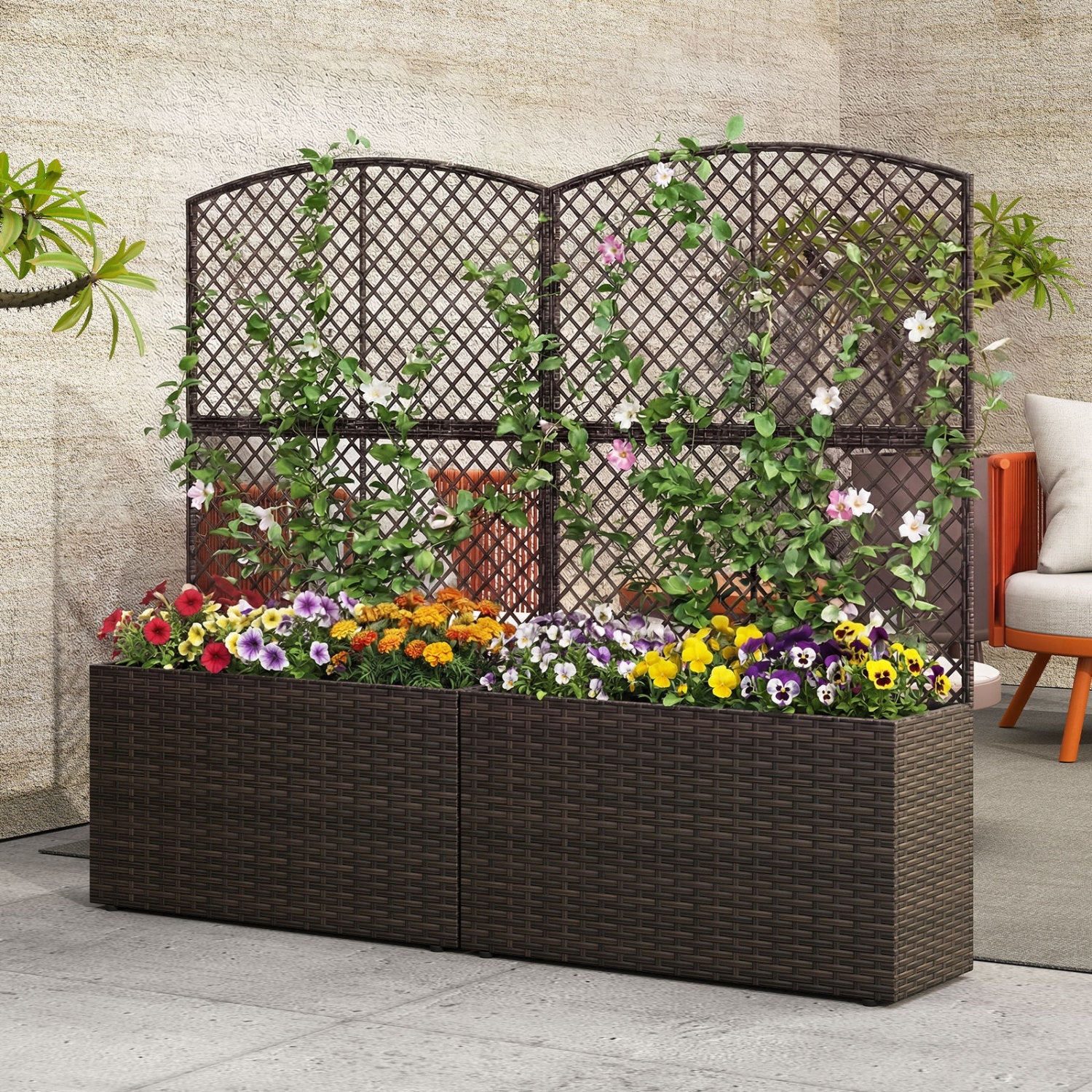 Set of 2 49 Inch Raised Garden Bed with Trellis and Wicker Planter Box- DirectDeals- {{Product type}}