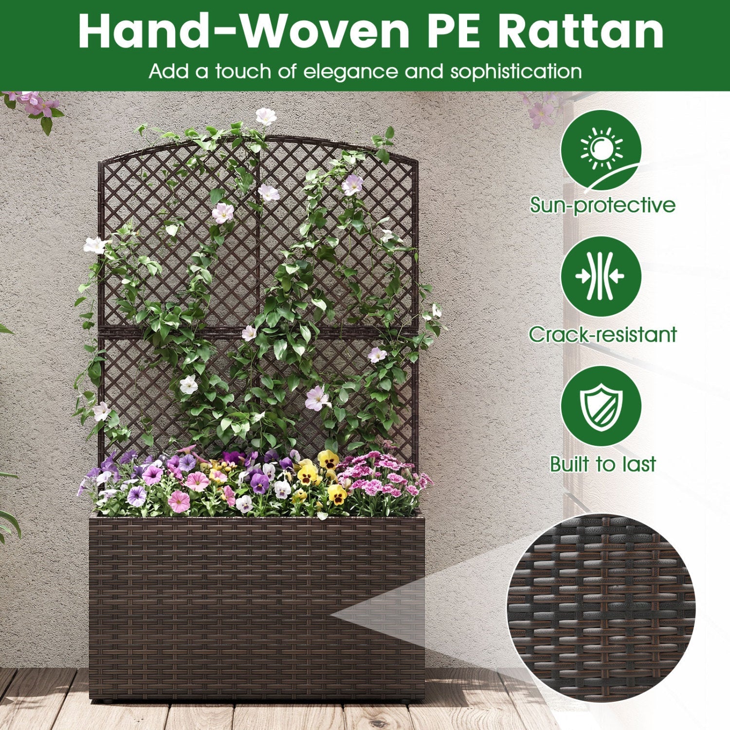 Set of 2 49 Inch Raised Garden Bed with Trellis and Wicker Planter Box- DirectDeals- {{Product type}}