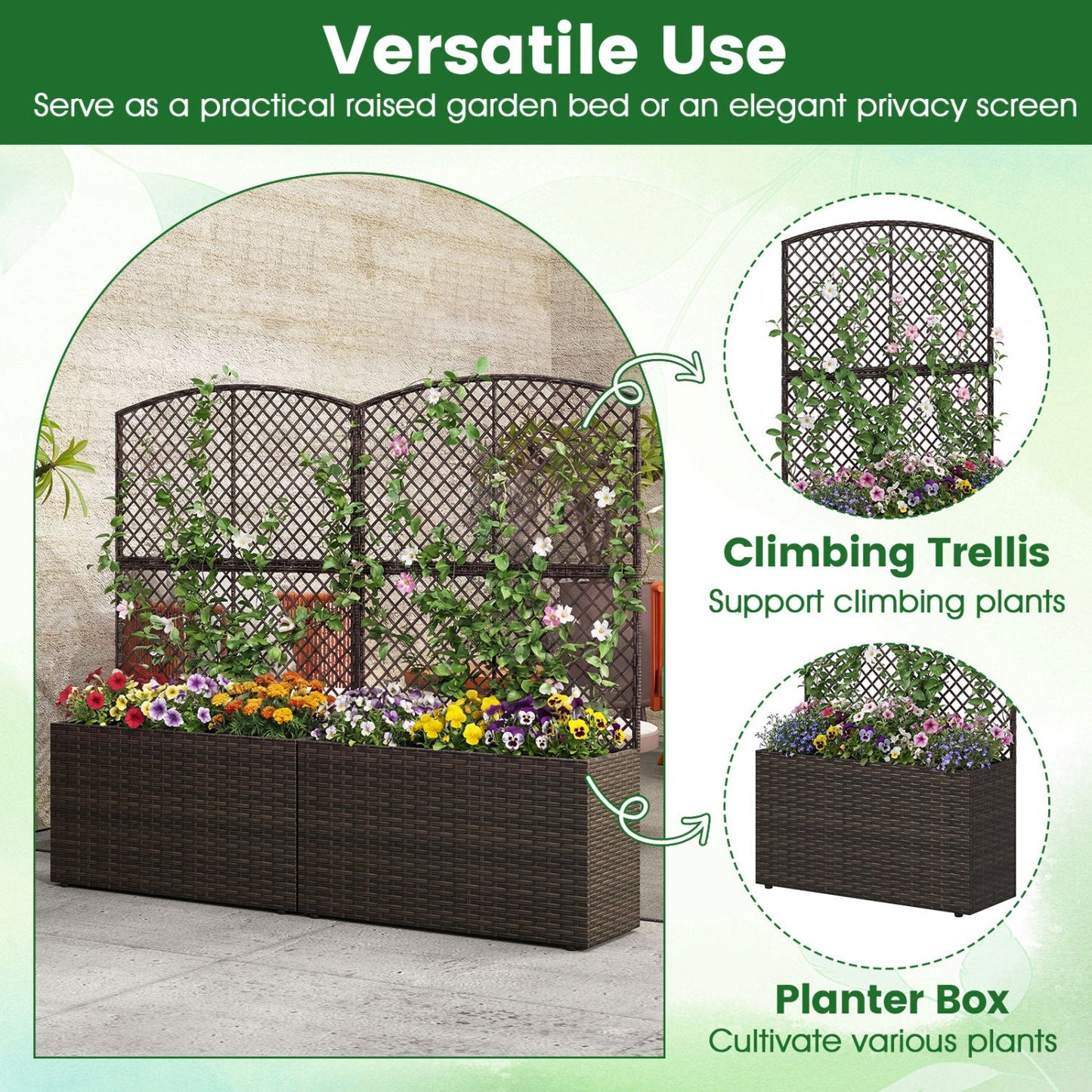 Set of 2 49 Inch Raised Garden Bed with Trellis and Wicker Planter Box- DirectDeals- {{Product type}}