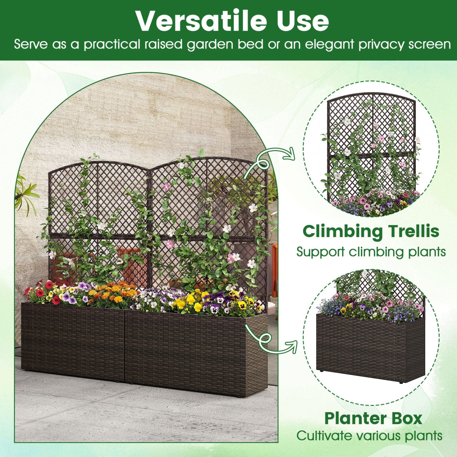 Set of 2 49 Inch Raised Garden Bed with Trellis and Wicker Planter Box- DirectDeals- {{Product type}}