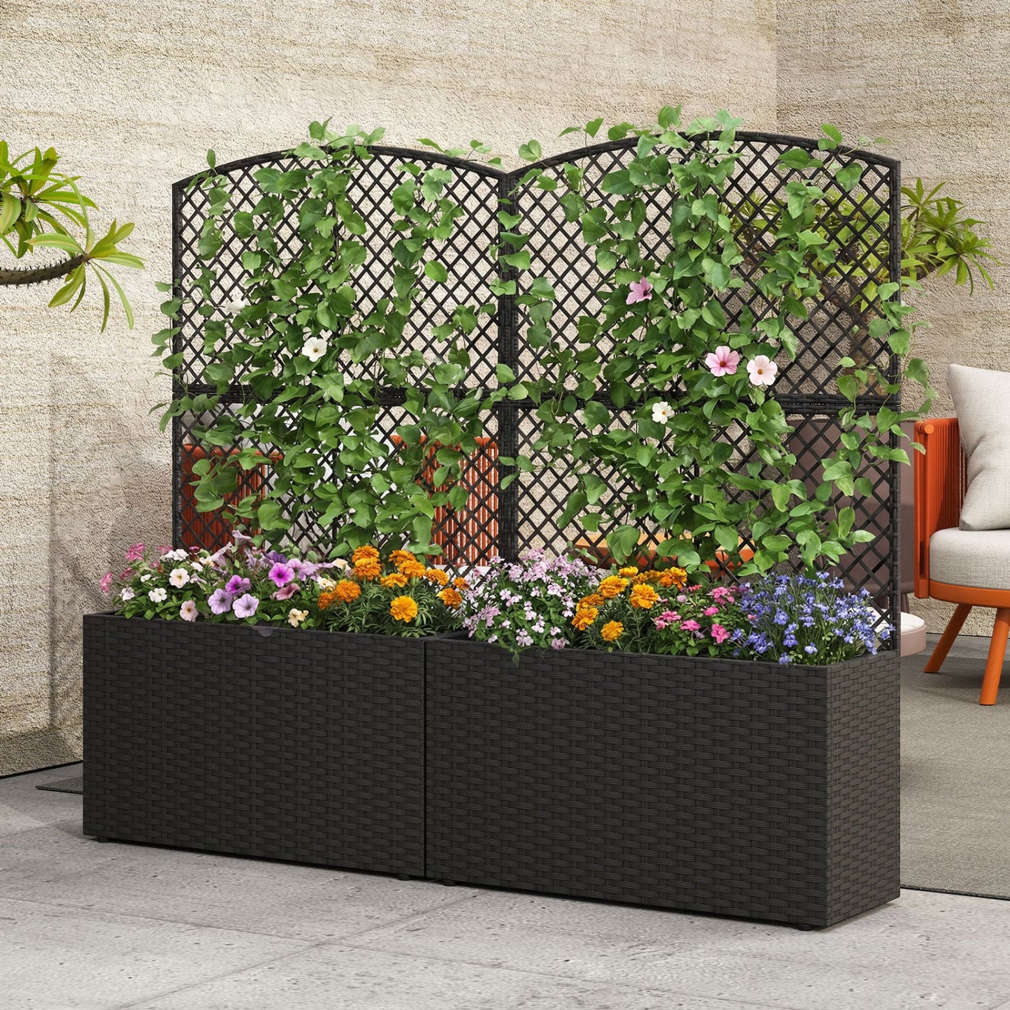 Set of 2 49 Inch Raised Garden Bed with Trellis and Wicker Planter Box- DirectDeals- {{Product type}}