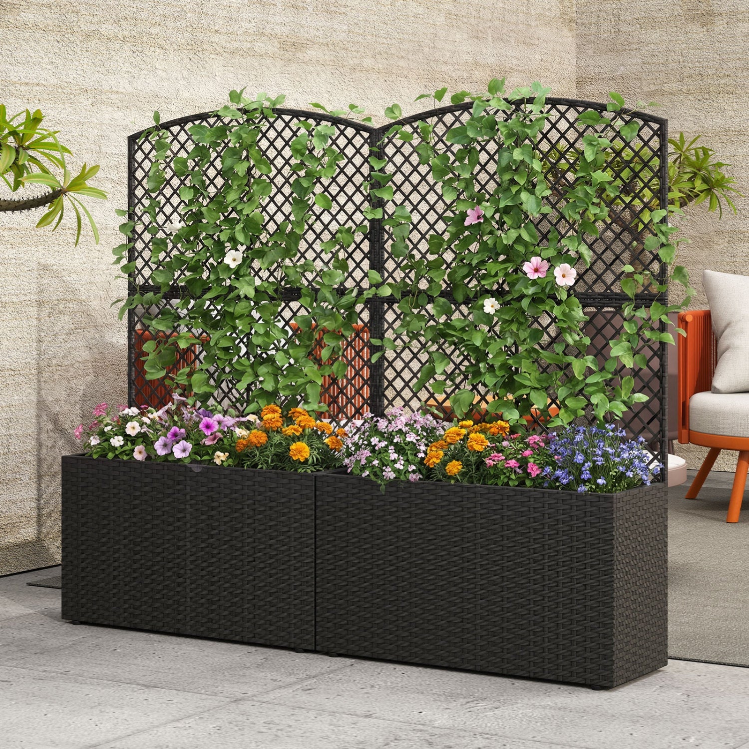 Set of 2 49 Inch Raised Garden Bed with Trellis and Wicker Planter Box- DirectDeals- {{Product type}}