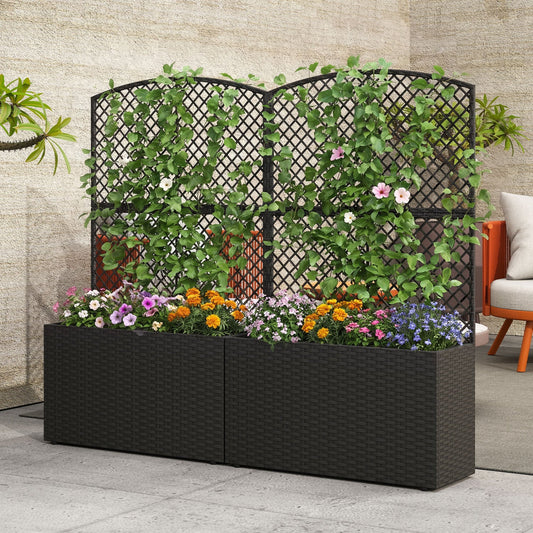 Set of 2 49 Inch Raised Garden Bed with Trellis and Wicker Planter Box - - planter