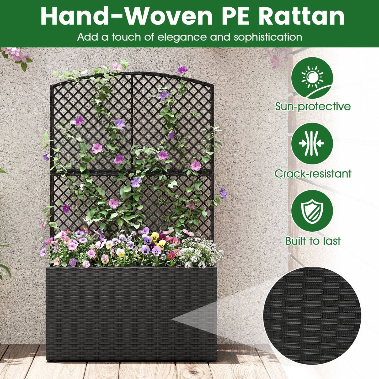 Set of 2 49 Inch Raised Garden Bed with Trellis and Wicker Planter Box- DirectDeals- {{Product type}}
