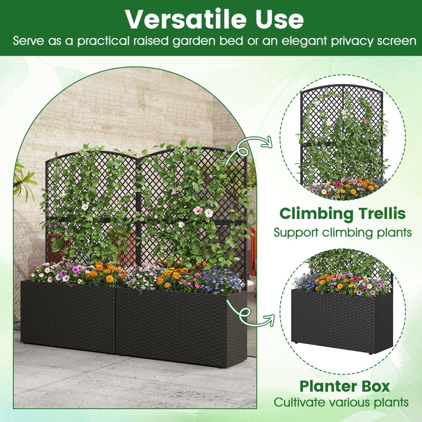 Set of 2 49 Inch Raised Garden Bed with Trellis and Wicker Planter Box- DirectDeals- {{Product type}}