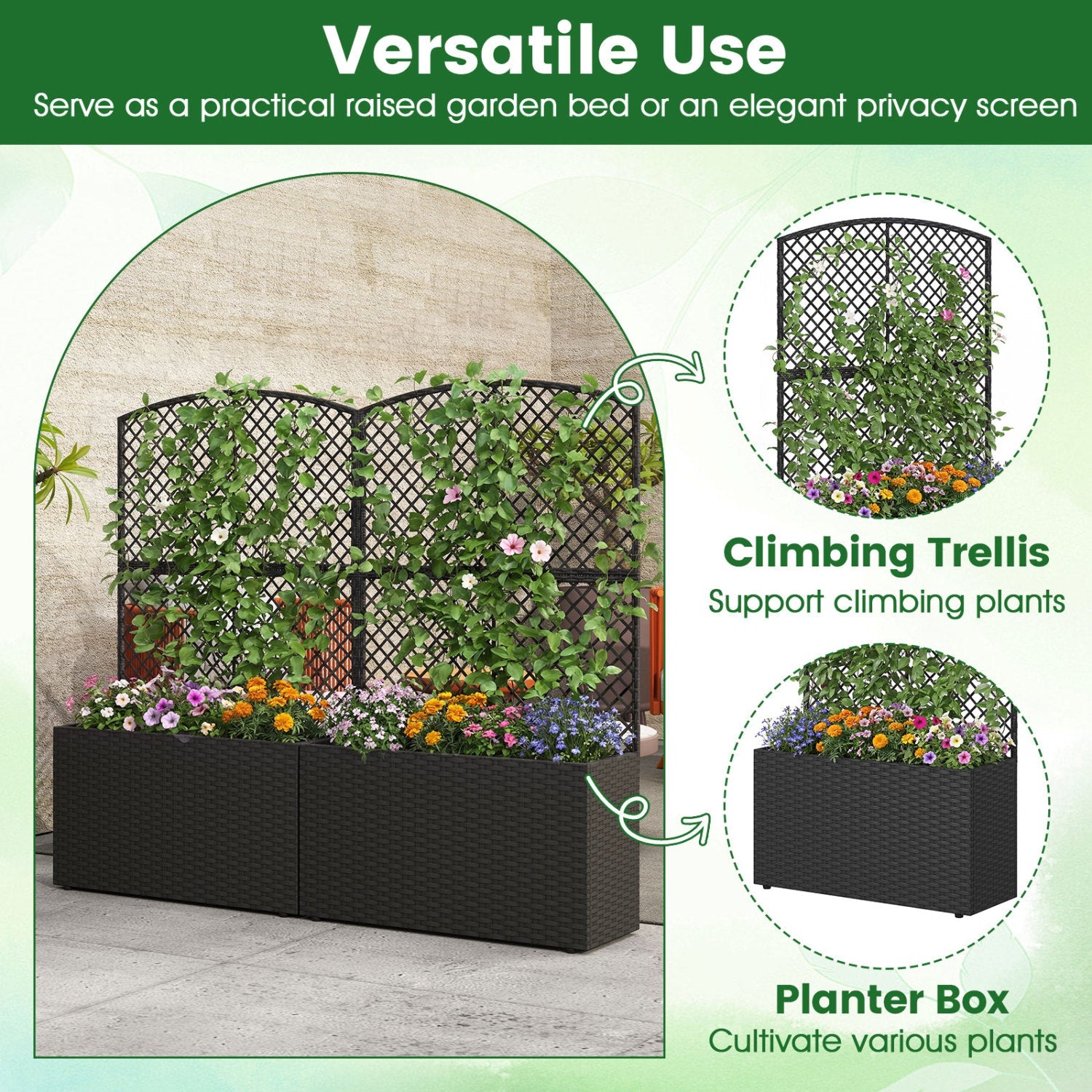 Set of 2 49 Inch Raised Garden Bed with Trellis and Wicker Planter Box- DirectDeals- {{Product type}}