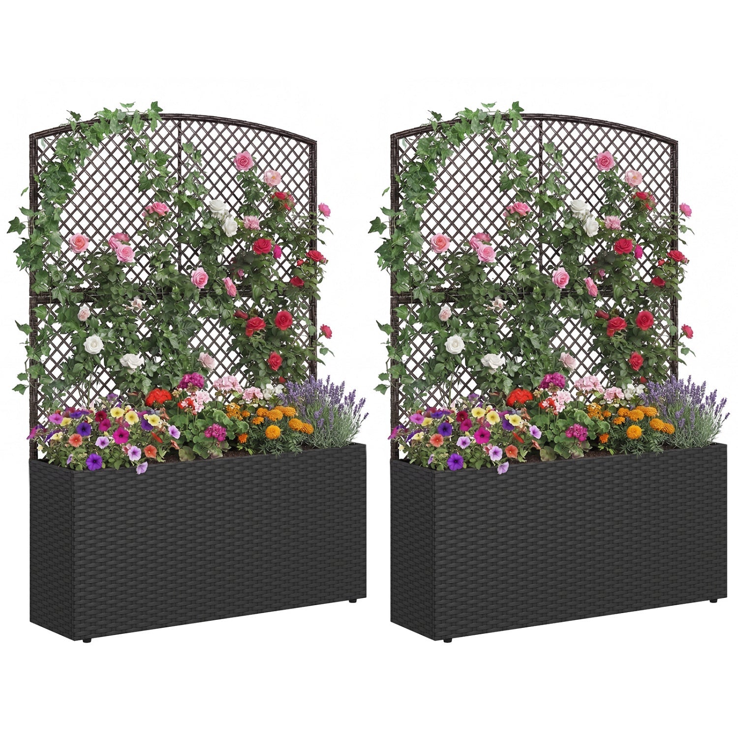 Set of 2 58 Inch Raised Garden Bed with Trellis and Wicker Planter Box- DirectDeals- {{Product type}}