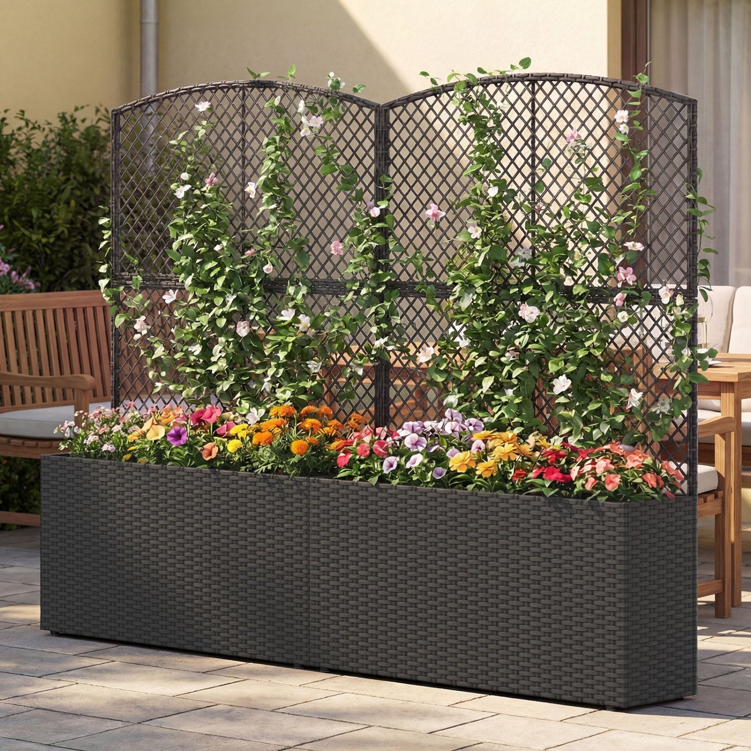 Set of 2 58 Inch Raised Garden Bed with Trellis and Wicker Planter Box- DirectDeals- {{Product type}}