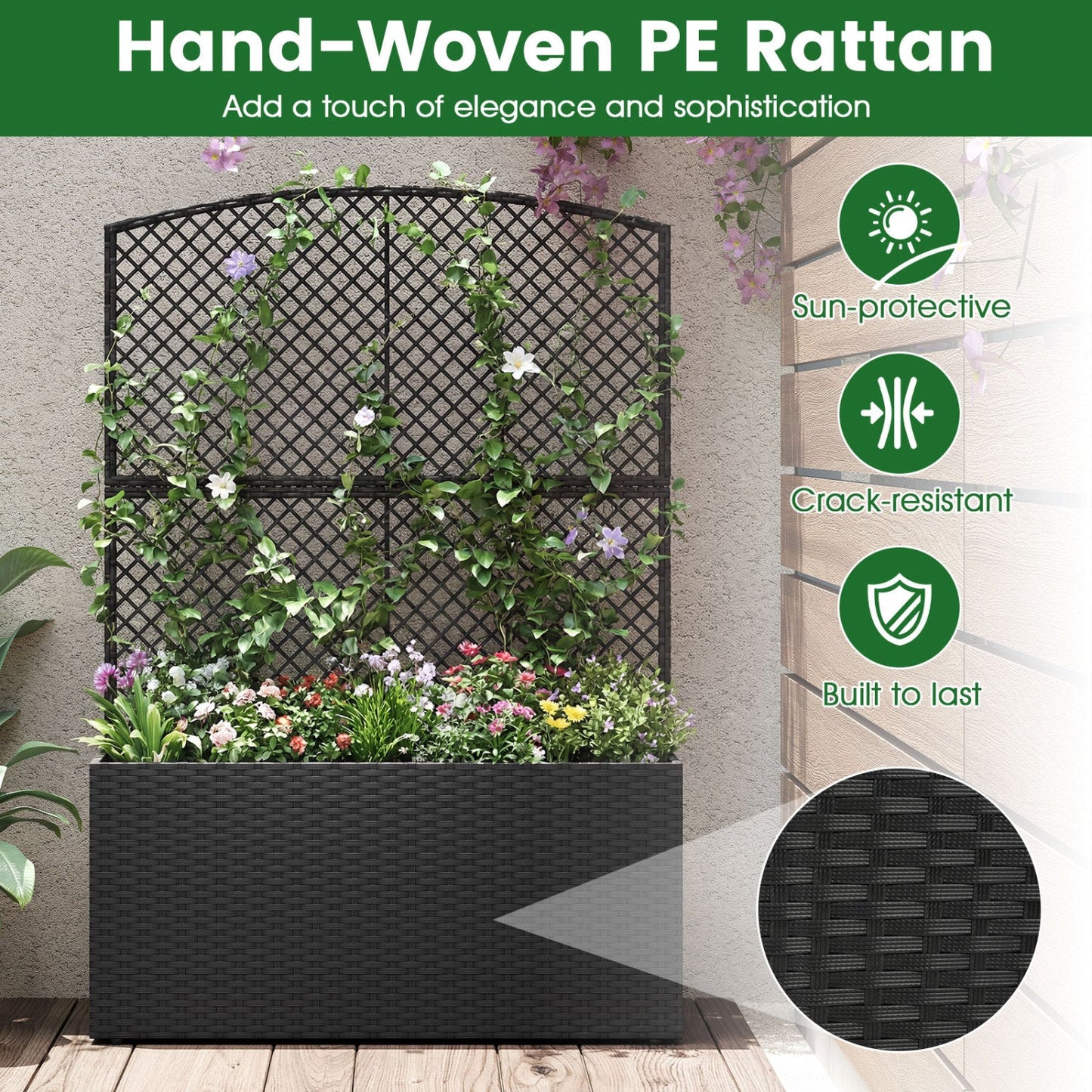Set of 2 58 Inch Raised Garden Bed with Trellis and Wicker Planter Box- DirectDeals- {{Product type}}