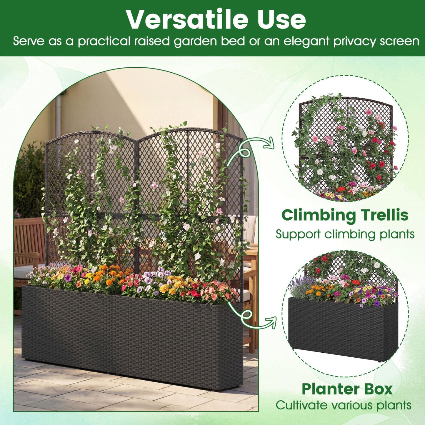 Set of 2 58 Inch Raised Garden Bed with Trellis and Wicker Planter Box- DirectDeals- {{Product type}}