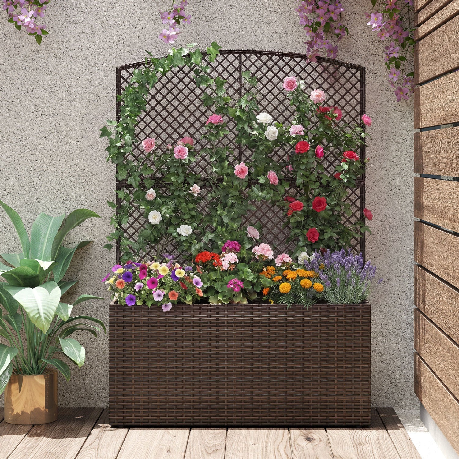 Set of 2 58 Inch Raised Garden Bed with Trellis and Wicker Planter Box- DirectDeals- {{Product type}}