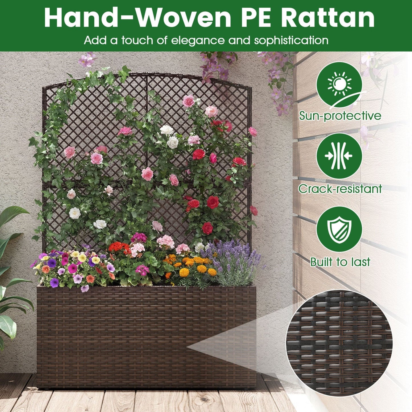 Set of 2 58 Inch Raised Garden Bed with Trellis and Wicker Planter Box- DirectDeals- {{Product type}}
