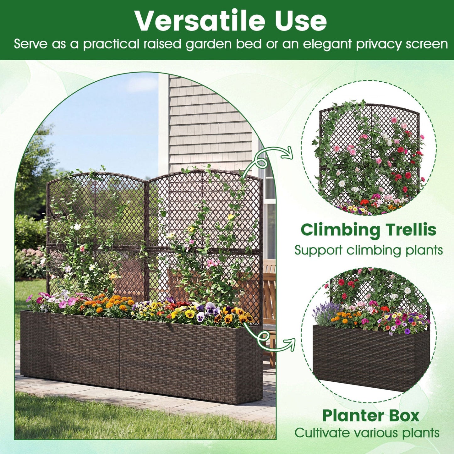 Set of 2 58 Inch Raised Garden Bed with Trellis and Wicker Planter Box- DirectDeals- {{Product type}}