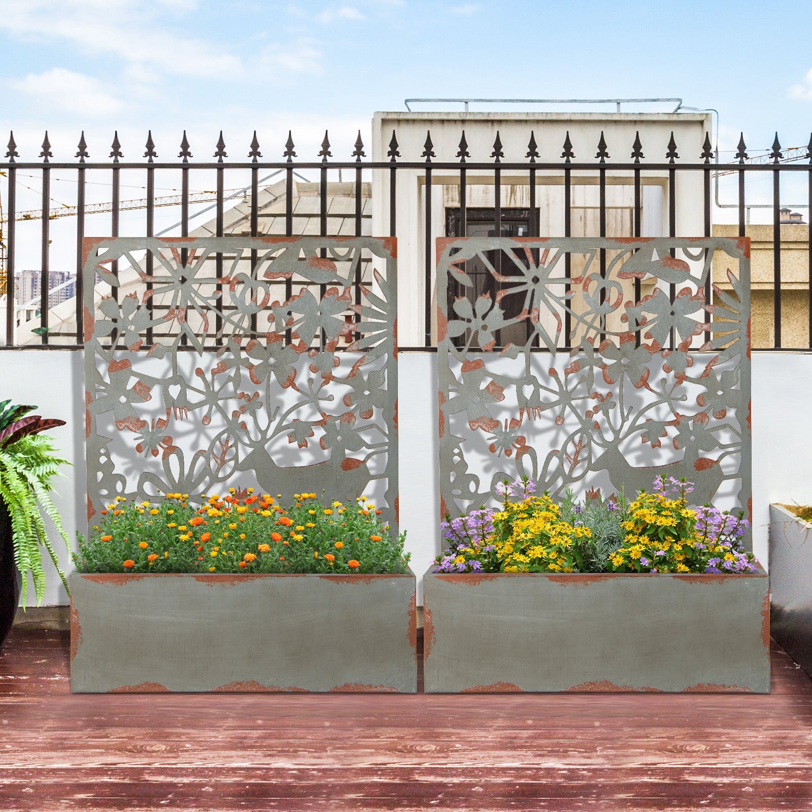 Set of 2 Decorative Raised Garden Bed with Trellises-Rust- DirectDeals- {{Product type}}