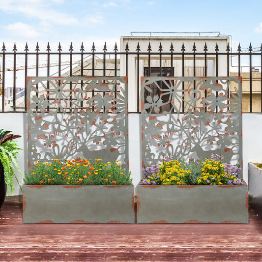 Set of 2 Decorative Raised Garden Bed with Trellises-Rust - - planter