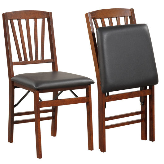 Set of 2 Folding Chairs with Padded Seat and Rubber Wood Frame-Brown - - Home & Garden