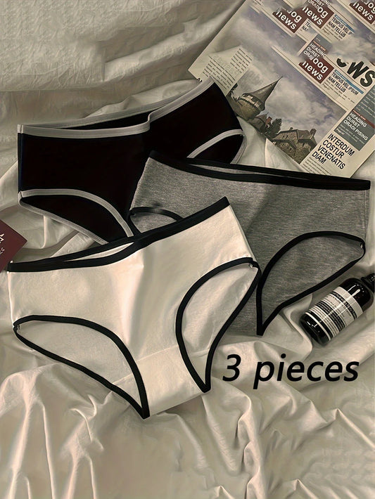 3pcs Sports Cool Style Instagram Minimalist Girls' Underwear Mid Waist Japanese Black and White Pure Cotton Women's Triangle Top - -