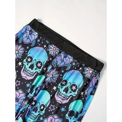 Hallowmas Skull Flower Print Pants Woman 2025 Plus Size Elastic Waist Wide Leg Pant Casual Large Full-length Trousers - -