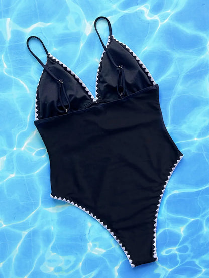 Black Knite One Piece Swimwear with Chest 2026 Women Patchwork V Neck Push Up Tummy Control Swimwear Beach Bathing Suit Monokini - -