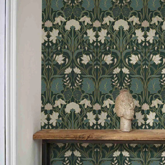 Green Floral Art Nouveau Wallpaper Kia Day Design