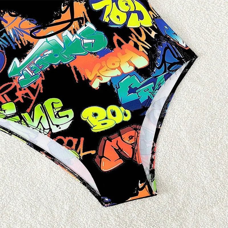Vintage Yellow Abstract Print One Piece Swimsuit 2024 Women Hollow Out Holiday Bathing Suit Tummy Control Swimwear Beachwear - -