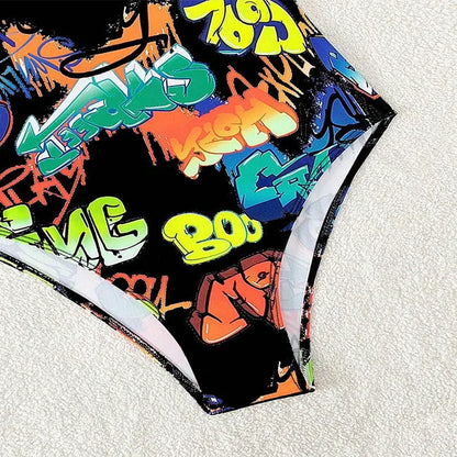 Vintage Yellow Abstract Print One Piece Swimsuit 2024 Women Hollow Out Holiday Bathing Suit Tummy Control Swimwear Beachwear - -