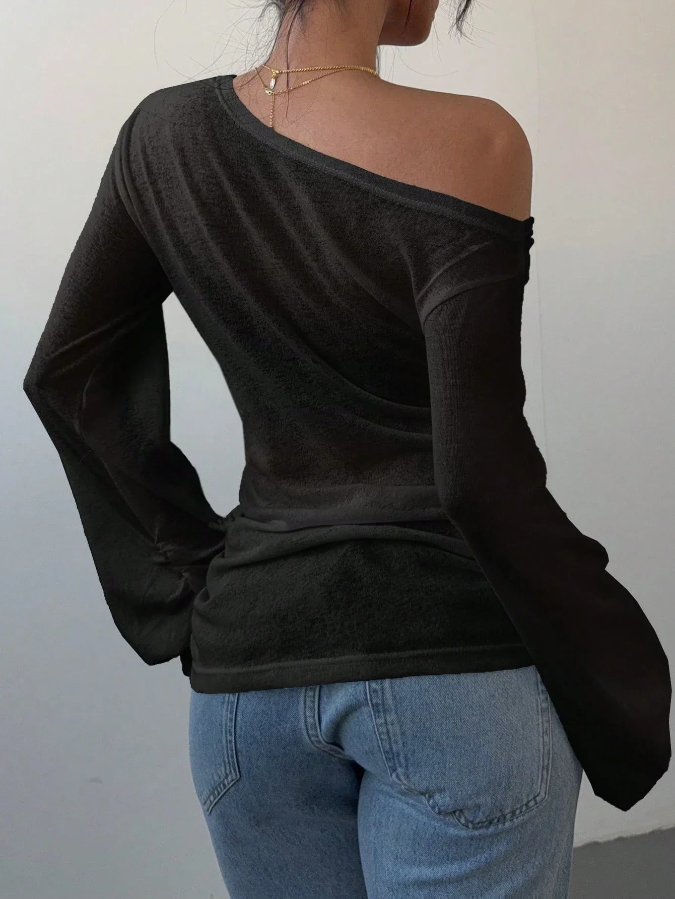 Women's Casual Solid Color Slope Collar Long Sleeved T-Shirt Loose Slouchy Style See-Through Off The Shoulder Top - -