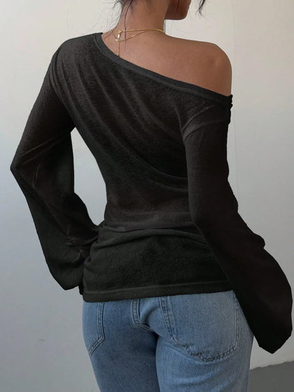 Women's Casual Solid Color Slope Collar Long Sleeved T-Shirt Loose Slouchy Style See-Through Off The Shoulder Top - -